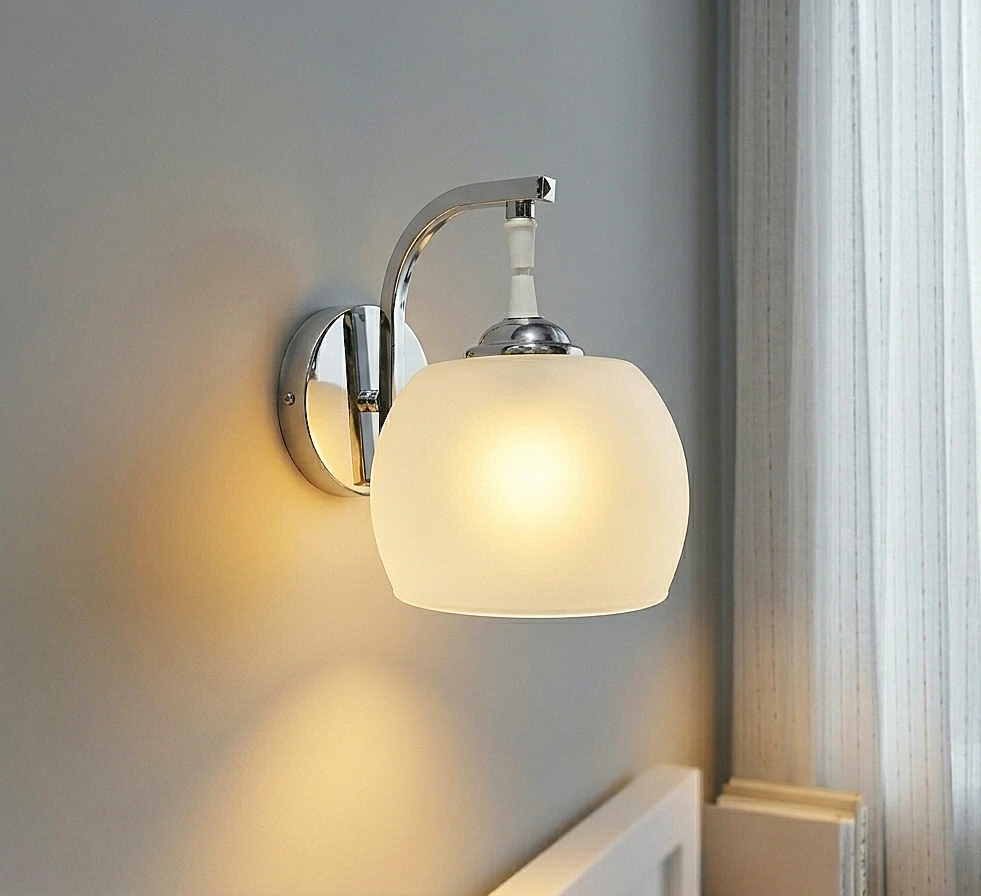 Modern Chrome Wall Sconce with Frosted Opal Glass Shade – Elegant Bedside Wall Lamp for Bedroom, Living Room & Bathroom Vanity | Mid-Century Minimalist Light Fixture