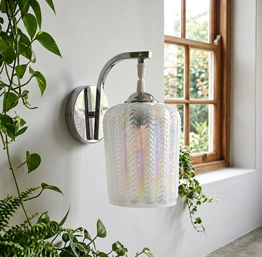 Modern Iridescent Glass Wall Sconce - Herringbone Textured Shade with Polished Chrome Arm - Contemporary Downlight for Bedroom, Living Room, and Hallway