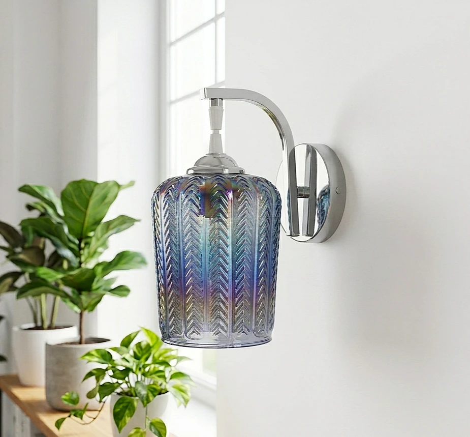 Siena Collection: Luxury Blue Textured Glass Wall Sconce – Handcrafted Chevron Pattern with Polished Chrome Hardware, Hardwired Designer Wall Lamp