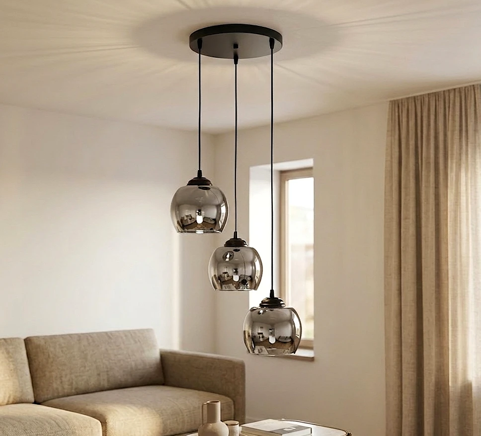 Modern 3-Light Smoked Glass Pendant Light, Adjustable Hanging Cluster Chandelier, Minimalist Ceiling Fixture for Kitchen Island, Dining Room, and Living Room – Smoke Gray & Black