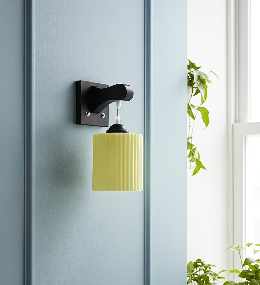 Modern Fluted Glass Wall Sconce with Matte Black Mount – Minimalist Yellow Ribbed Wall Lamp for Bedroom, Living Room, and Hallway Decor