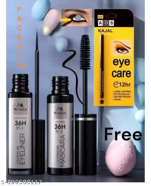 waterproof Eyeliner & Mascara combo with ADS kajal Eyeliner & mascara combo black shade &ADS kajal pack of 3P