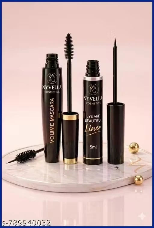 Nyvella Waterproof Volume Mascara & Long Lasting Liquid Eyeliner Combo | Smudge Proof Eye Makeup Set | Deep Black, Quick Dry, 5ml Liner | Eye Are Beautiful Makeup Kit