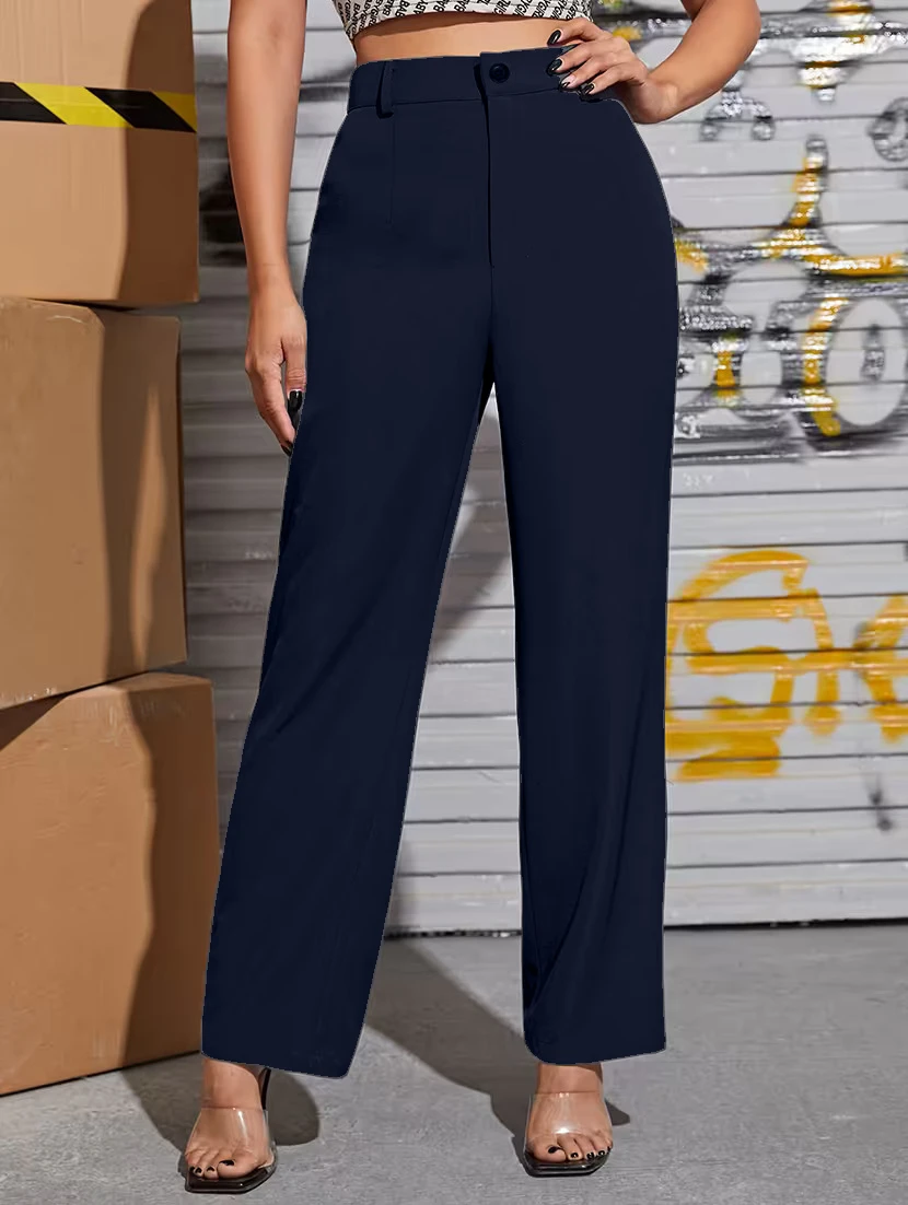 Navy Blue Women's High Waist Formal Trousers | Formal Pants | Office Wear| Straight Fit Trousers