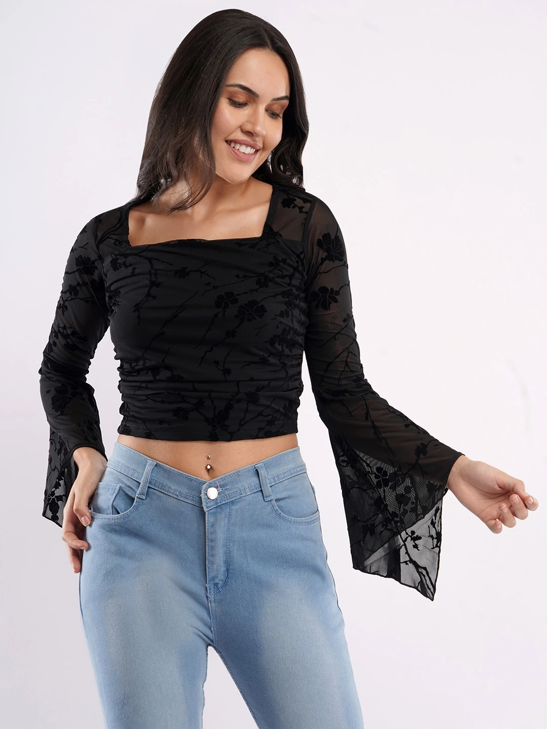 Women Black Floral Printed Super Net Mesh Crop Top Stretchable Soft Bell Sleeve Western Top