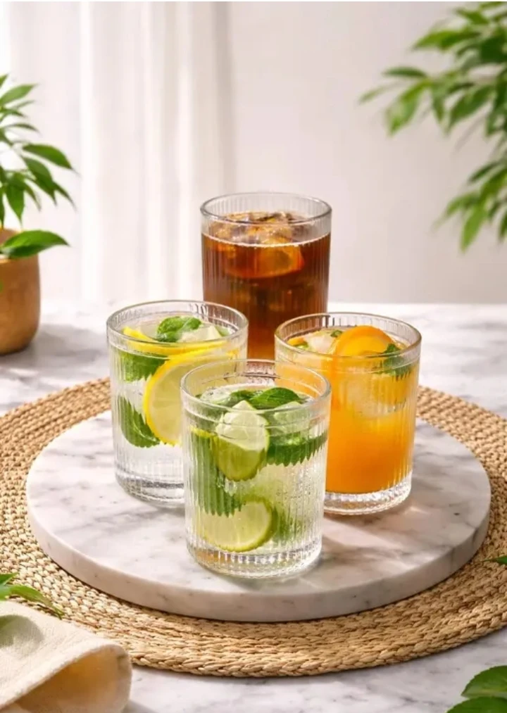 RR-Premium Ribbed Glass Tumbler Set of 6 | Stylish Whiskey & Water Glasses | Transparent Designer Drinkware for Home & Kitchen 200ML