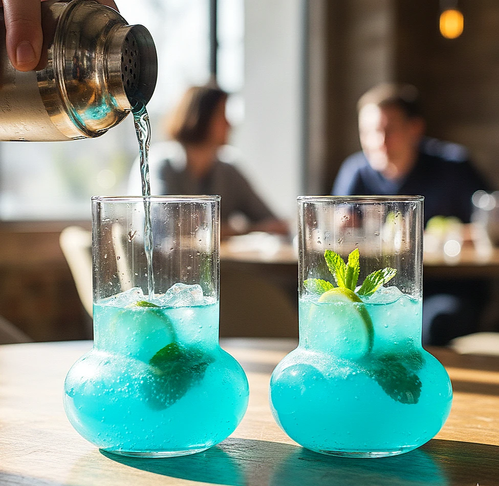 glass carafes or vases with a distinctive design featuring a round, bulbous base and a straight, narrow top