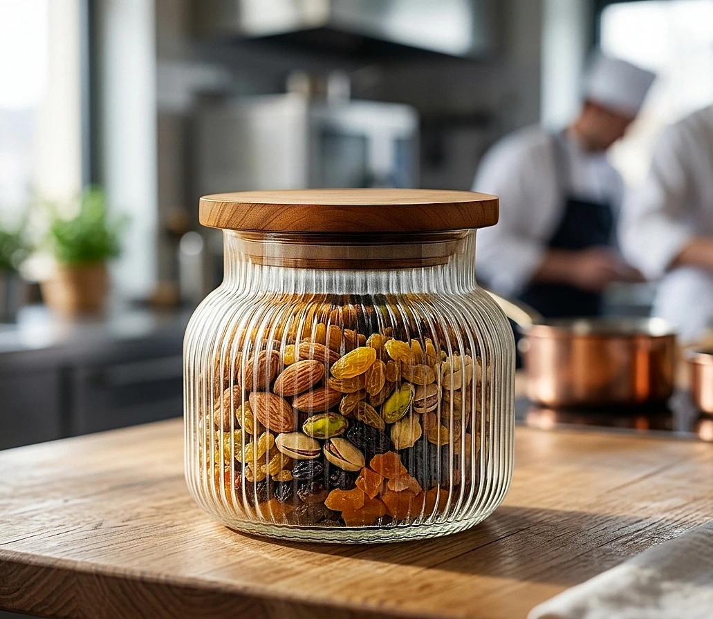 Stylish Ribbed Glass Storage Jar with Wooden Lid – Perfect for Dry Fruits & Snacks
