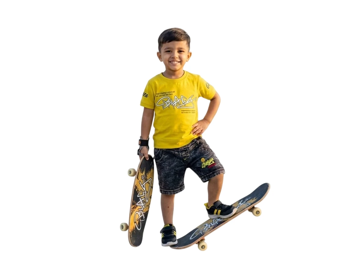 Boys Casual T-shirt Shorts (Mustard Yellow, Black)