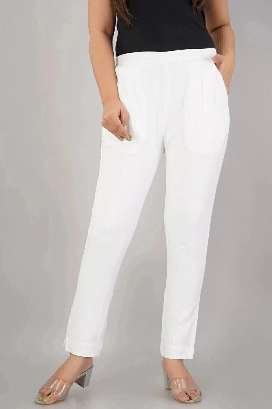 GEETARTS Women Regular Fit White Cotton Blend Trousers