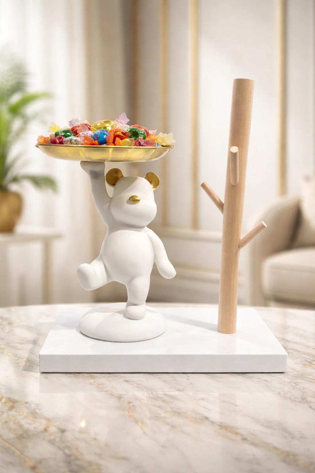 RIVAdecoration Candy Bear Figurine with Tray - Decorative Showpiece for Home, Living Room, Table Decor - White & Gold Finish Housewarming Gift