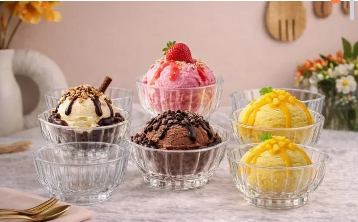 RR-Premium Clear Glass Ice Cream Bowl Set – Dessert Serving Bowls for Ice Cream, Fruit, Pudding & Snacks (Set of 6, Transparent, Elegant Design)