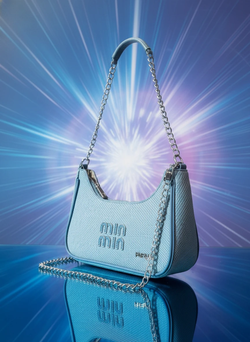 Embsse Shoulder Bag for Women - Light Blue Textured Fabric Crossbody with Metallic Chain Strap Women's Handbag