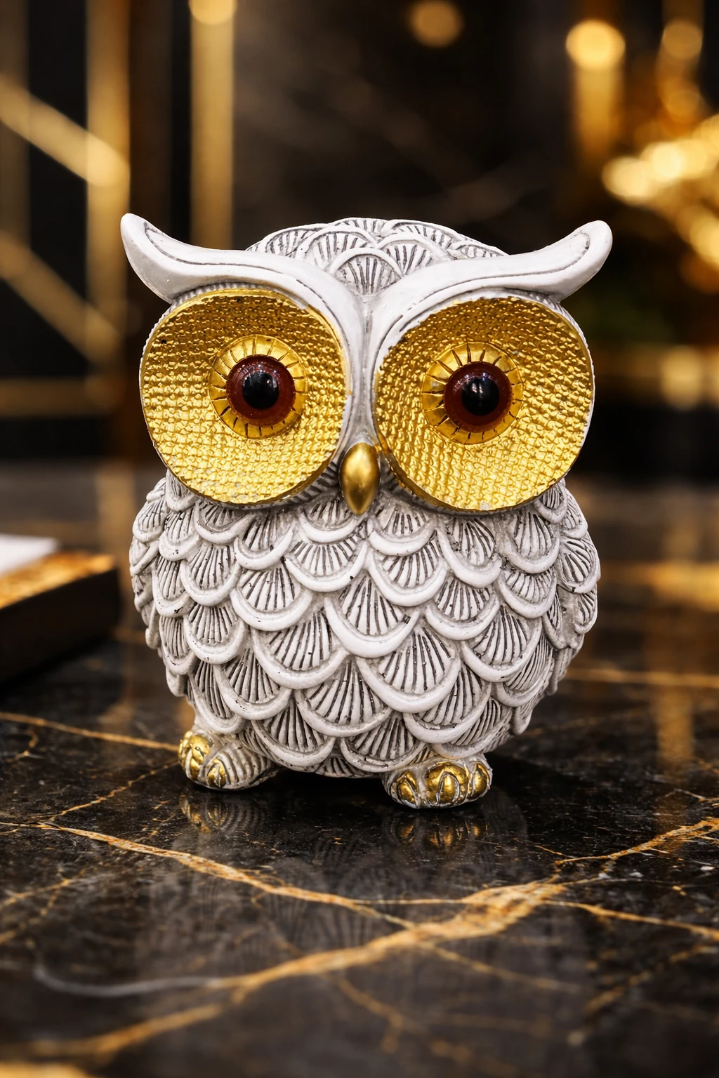 RIVAdecoration Owl Figurine Resin White Golden Eyes Decorative Showpiece for Living Room, Office Desk, Home Decoration Accent, Unique Animal Statue, Housewarming Gifting Item