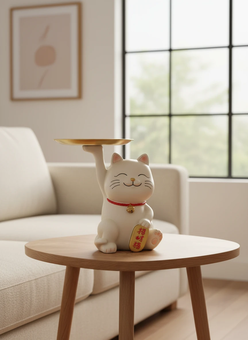 RIVAdecoration Maneki Neko Lucky Cat Table Decor Showpiece - White Ceramic Fortune Cat with Bell for Home, Office, Prosperity Gift Feng Shui
