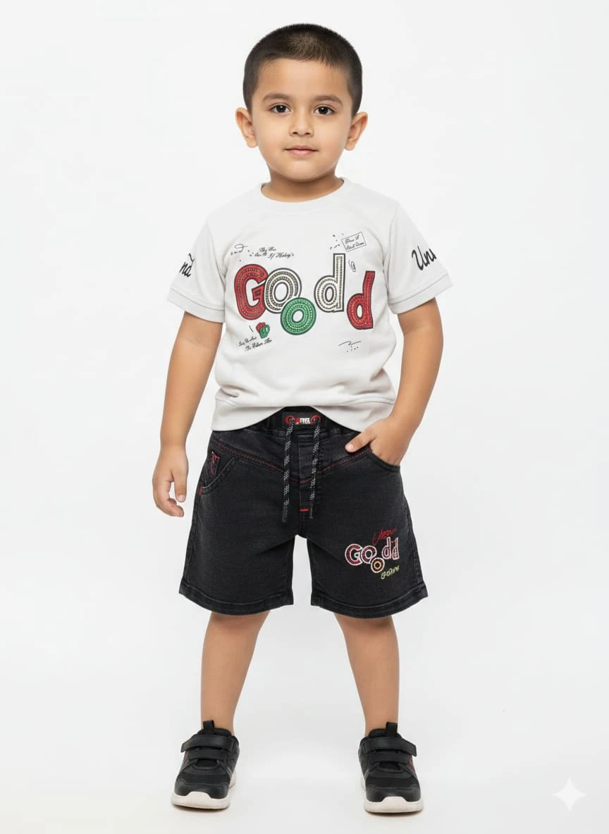 Boys Casual T-shirt Shorts (White, Black)