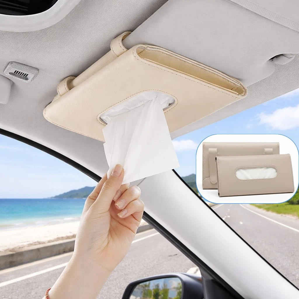 MS International Universal Car Tissue Holder for Sun Visor, Beige Fabric Car Tissue Box Case with 50 Tissues, Compact Car Interior Organizer & Dispenser