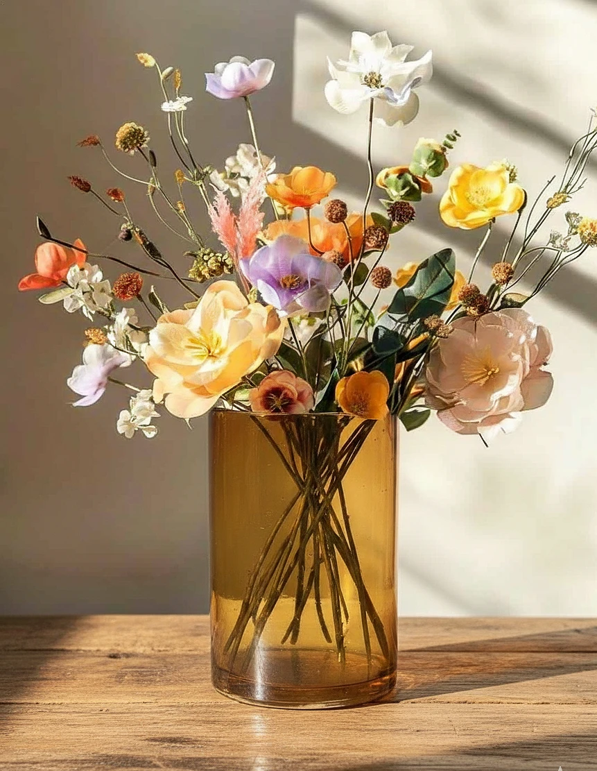 Modern Amber Glass Cylinder Vase - Minimalist Decorative Flower Pot for Home, Office, and Living Room Centerpieces - 8 Inch Tall Elegant Glassware