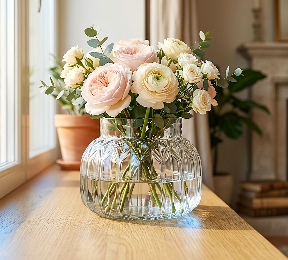 Clear Ribbed Glass Vase - Aesthetic Fluted Flower Pot for & Fresh Bouquets - Unique Bubble Shape Center Table Decorative Item