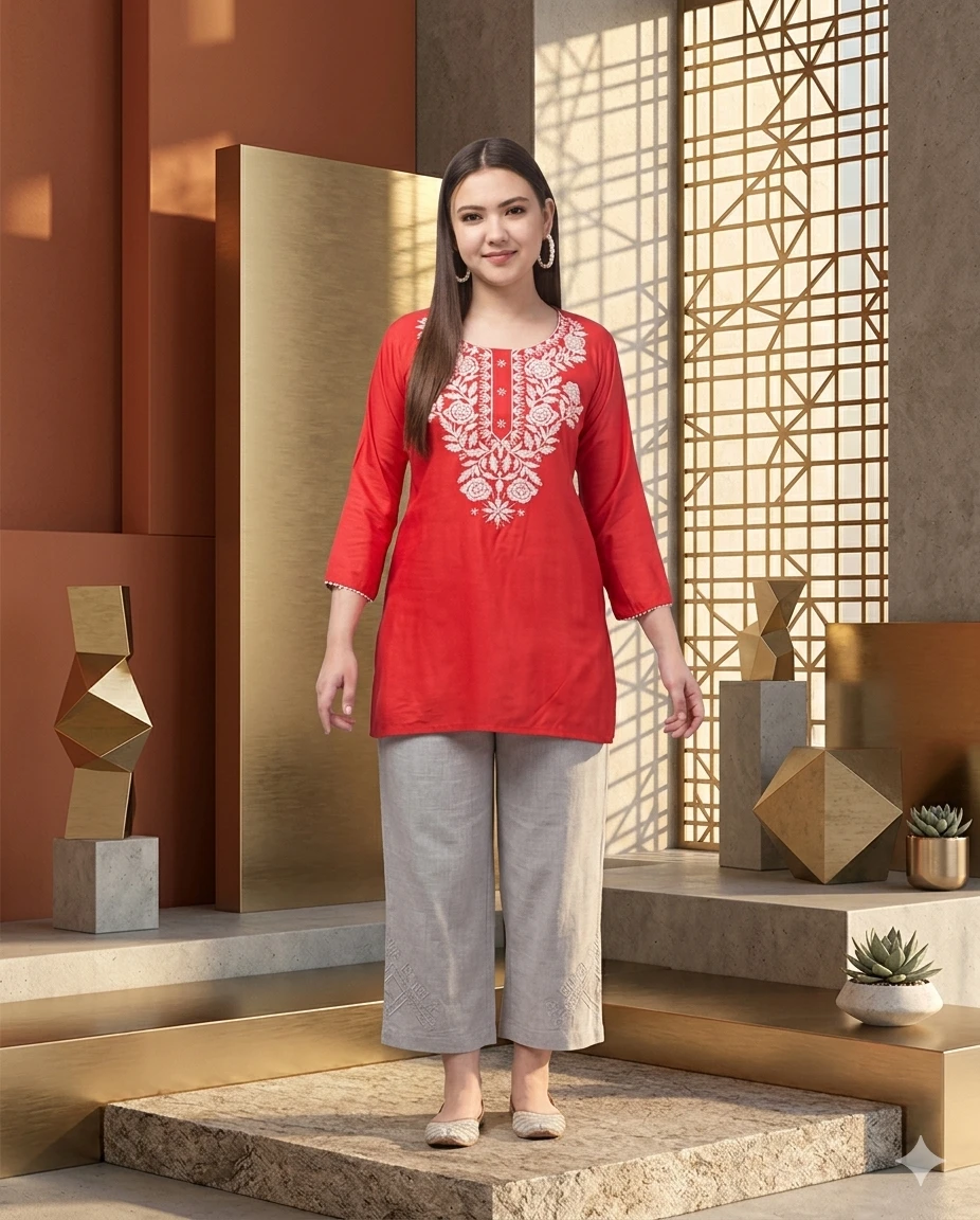 SUTEKI Stylish and Elegant Trendy Rayon Red Short Kurti Kurta Shirt Top for Women