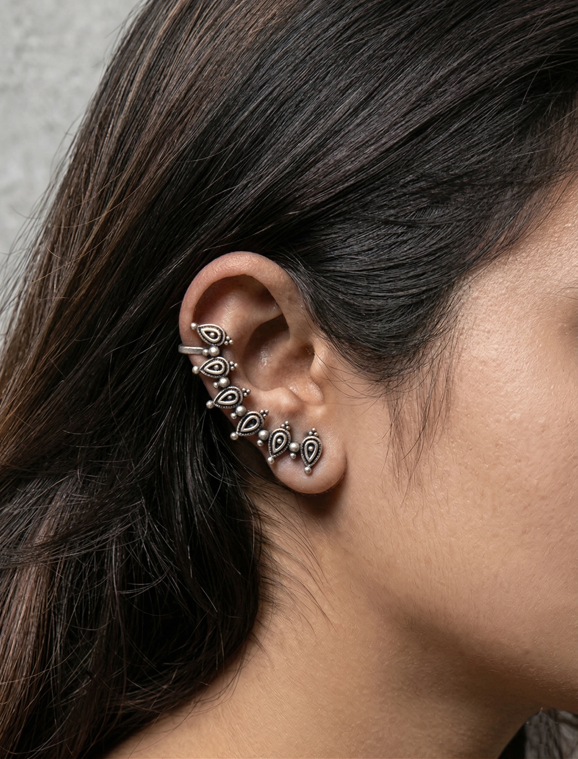 Oxidized Ear Cuff Earring for Women, Stud + Clip Fit, Ear Climber Layered Look, Lightweight Alloy, Free Size