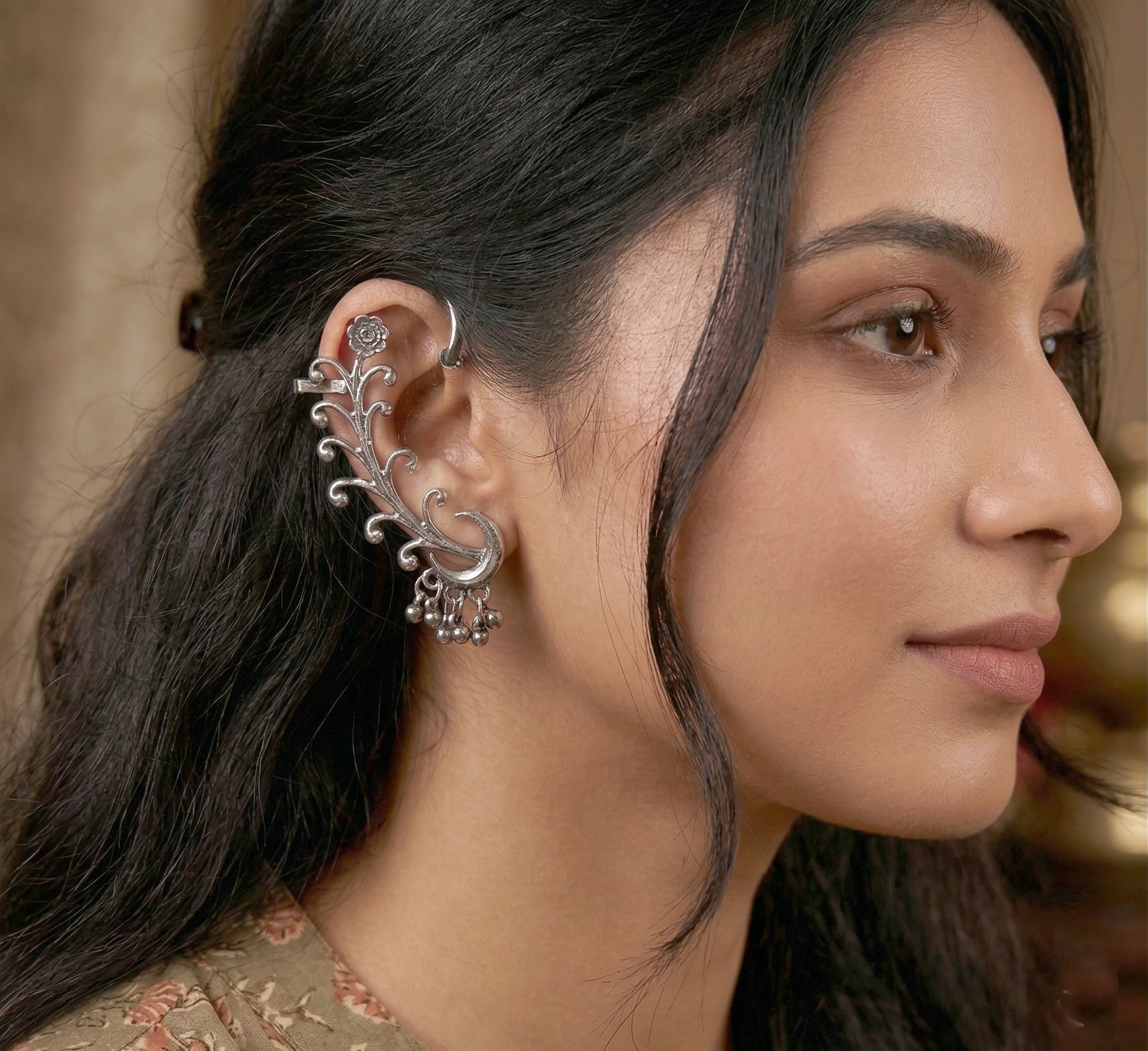 Oxidised Ear Cuff Earrings for Women & Girls | Non Piercing Ear Wrap with Ghungroo Design | Lightweight Ethnic Stylish Ear Cuffs for Daily, Festive & Party Wear