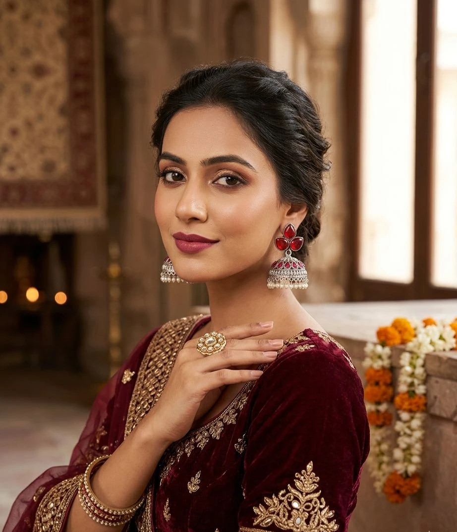 Premium Silver-Plated Oxidized Red Stone Jhumka Earrings with Pearl Droplet