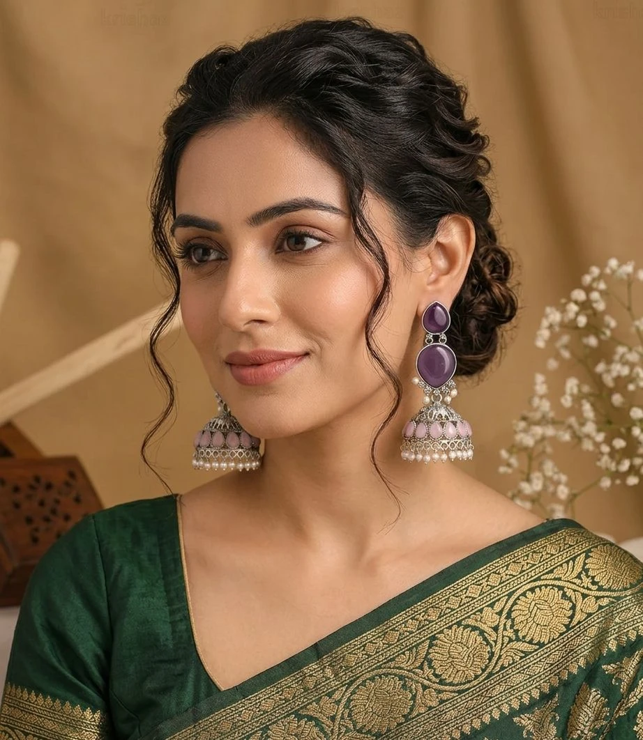 Traditional Silver-Plated Elephant Motif Jhumki with Purple Stone Studs