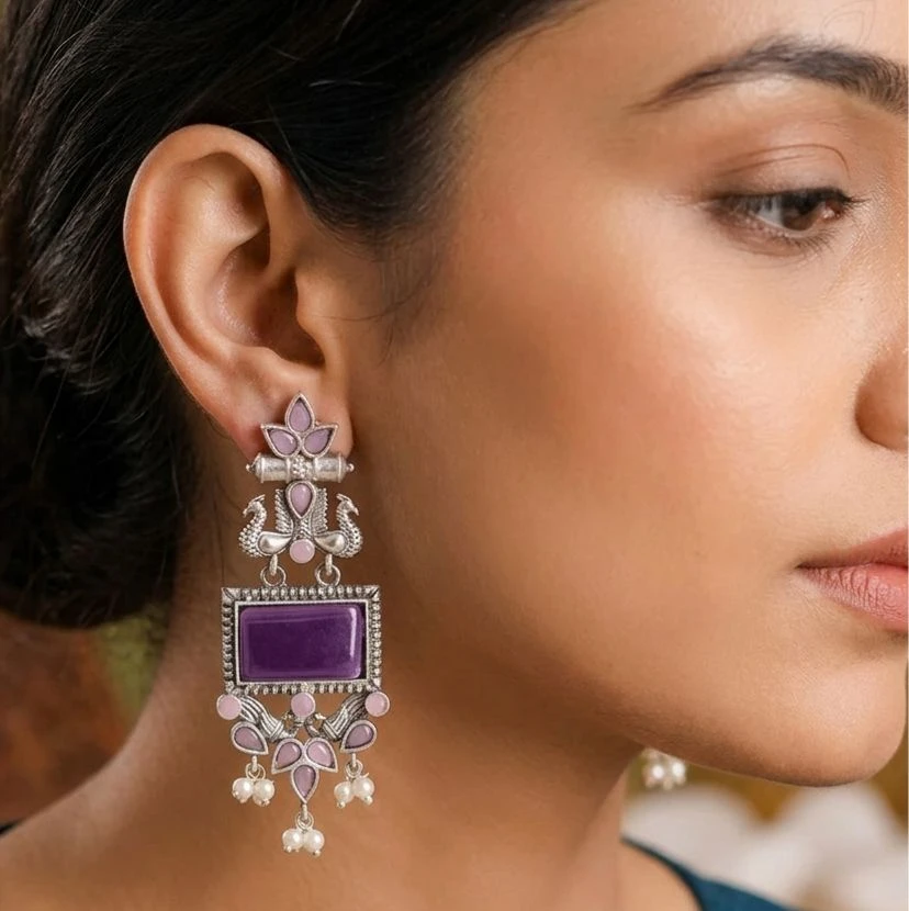 Premium Purple Rectangular Stone Oxidized Peacock Earrings with Pearl Drops