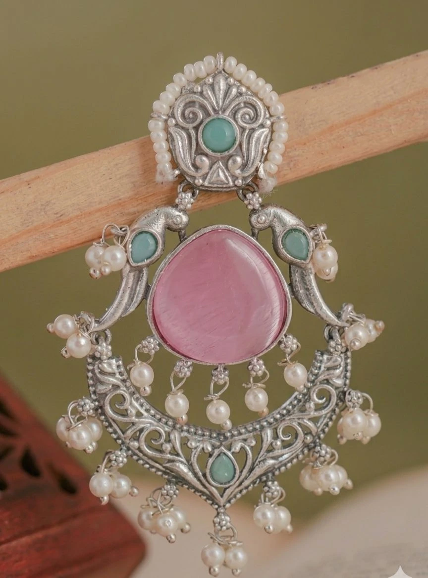 Premium Ethnic Silver Lookalike Chandbali Earrings with Mint Green & Pink Accents | Wedding & Party Wear Oxidised Jewellery