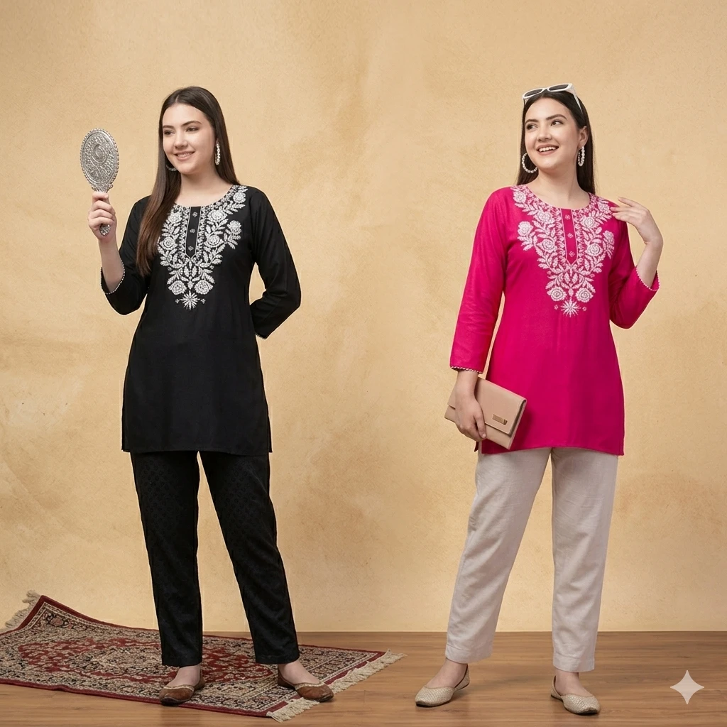 SUTEKI Kurti Kashmiri kurti kashmiri top Short Kurta For Women girls Rayon Pink Black Combo