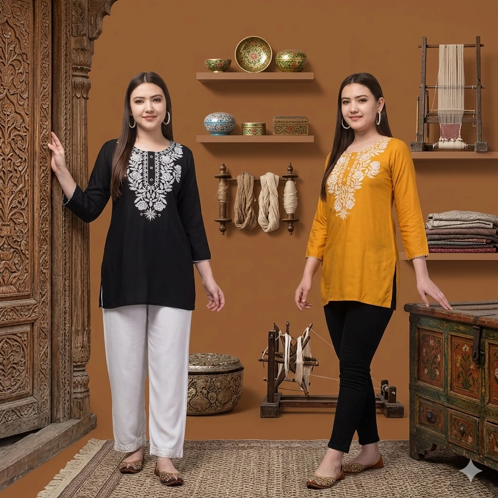 SUTEKI Kurti Kashmiri kurti kashmiri top Short Kurta For Women girls Rayon Yellow Black Combo
