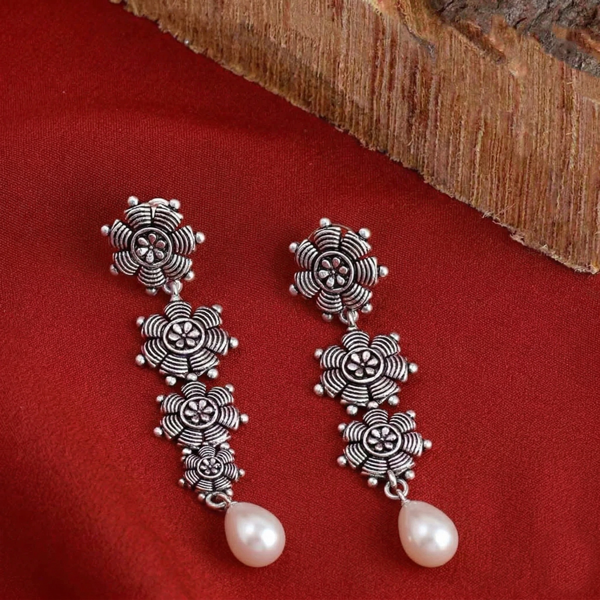 Pearl Drop Floral Oxidised Earrings for Women & Girls | Traditional 3-Layered Long Dangler Earrings | Antique Finish Alloy Metal Ethnic Jewellery | Stylish Wedding Accessory