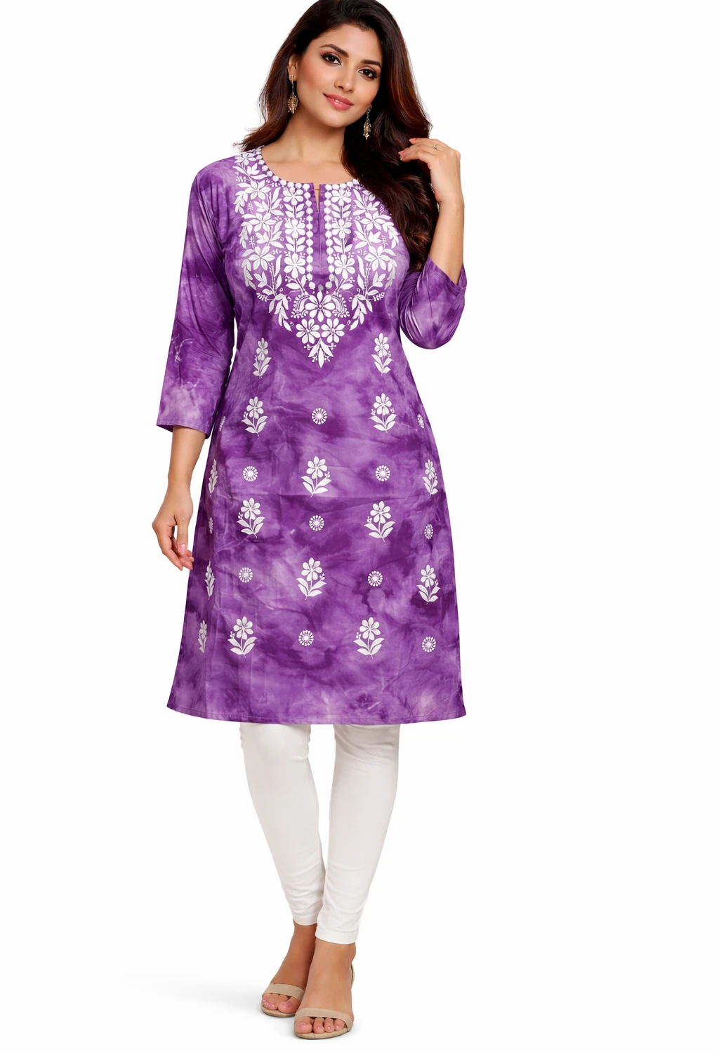 Elegant Women’s Rayon Tie & Dye Kurti with Embroidery | 3/4 Sleeves | Knee Length Kurta Top | Daily , festive & Office Wea