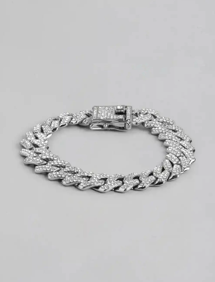 Premium Iced Out Cuban Link Bracelet for Men | Silver Plated Hip Hop Bling Chain Bracelet | Stone Studded Heavy Stylish Bracelet for Boys