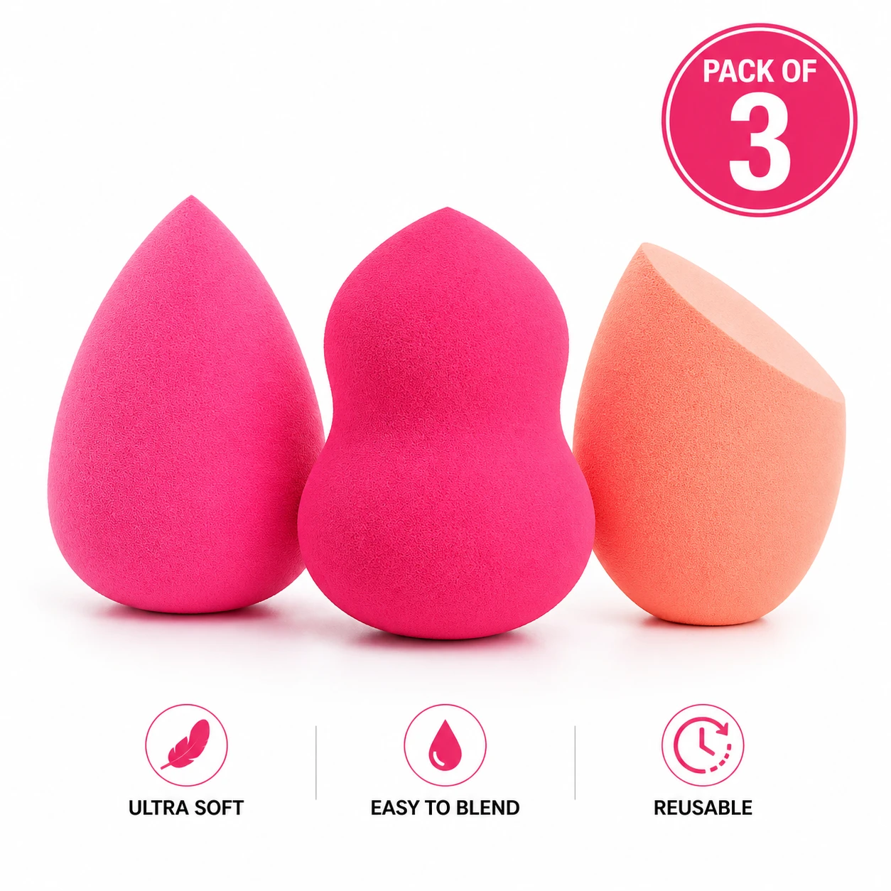 Makeup Sponge Set Pack of 3 | Beauty Blender Puff for Foundation | Soft Cosmetic Sponge for Smooth Makeup | Random Colors & Shapes