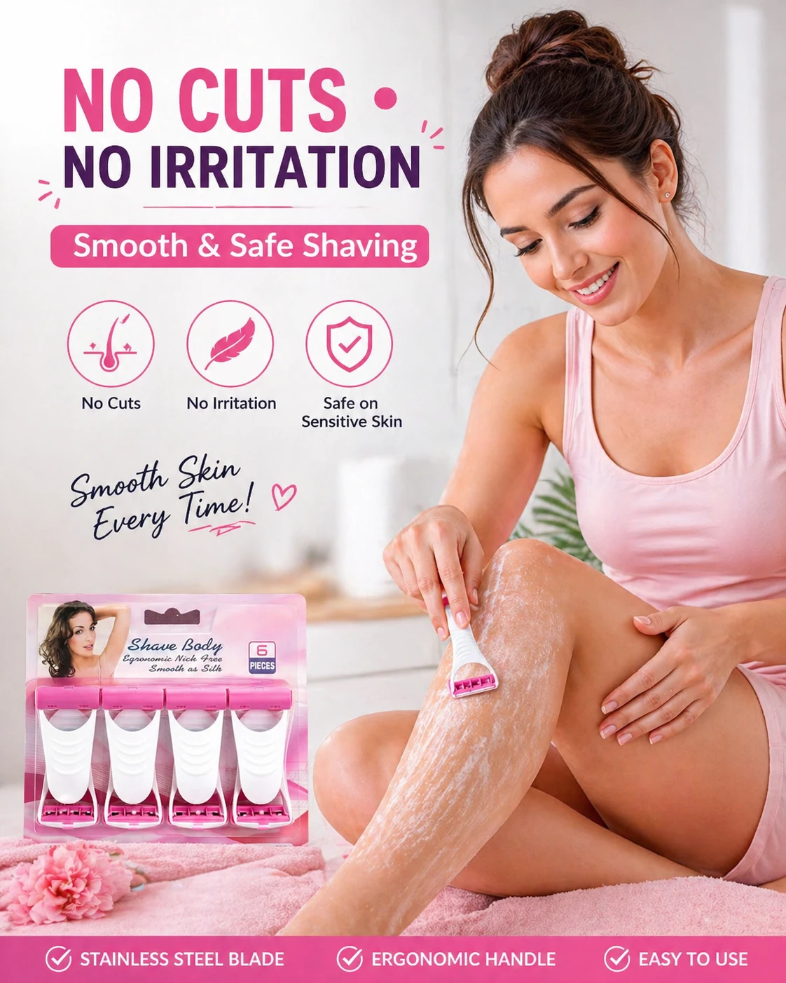 Body Razor for Women Pack of 6 | Smooth & Painless Hair Removal Razor | Stainless Steel Blade with Ergonomic Handle | Reusable Body Shaver for Legs, Arms & Underarms (Pink)