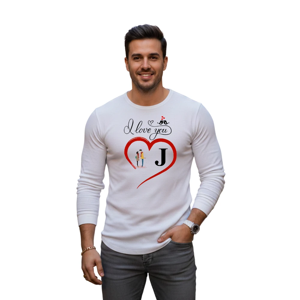 Men’s White “I Love You” Graphic T-Shirt – Romantic Heart Design Casual Long Sleeve Tee