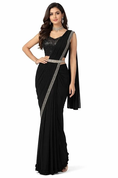 Women Solid Saree with Lace Border & Sequin Blouse | Stylish Party Wear Saree for Women