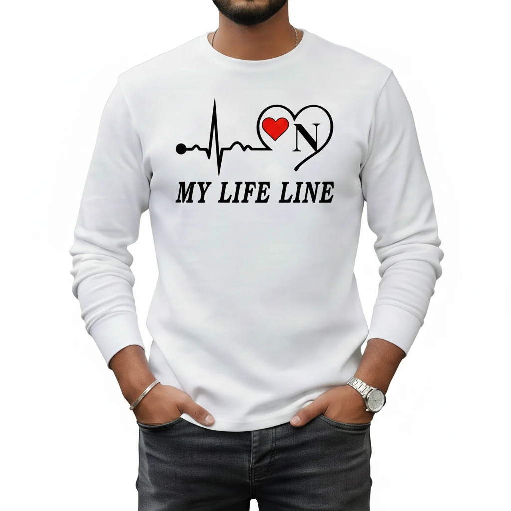 Men’s Stylish White Full Sleeve T-Shirt | My Life Line Printed Round Neck Casual Wear
