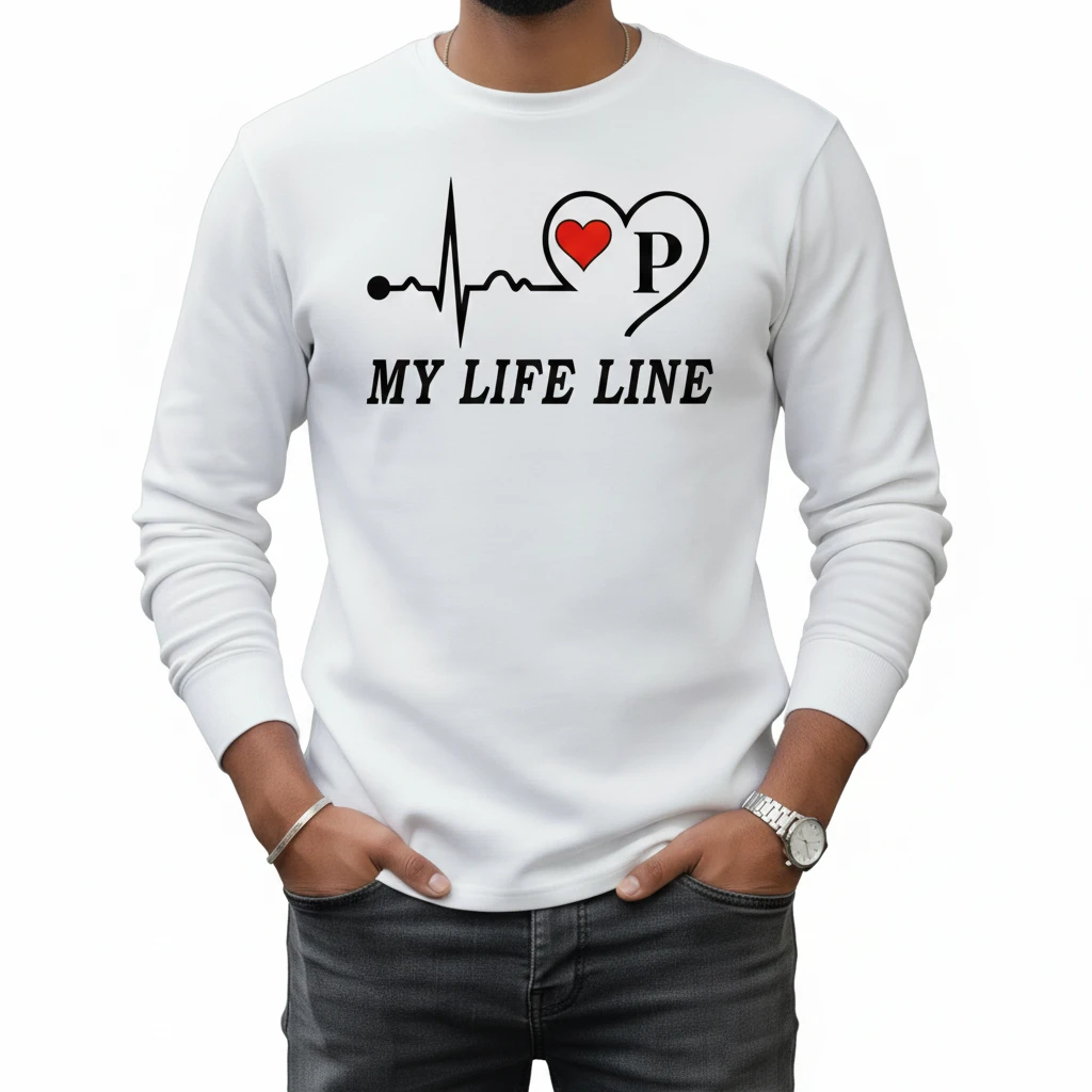 Men’s Stylish White Full Sleeve T-Shirt | My Life Line Printed Round Neck Casual Wear