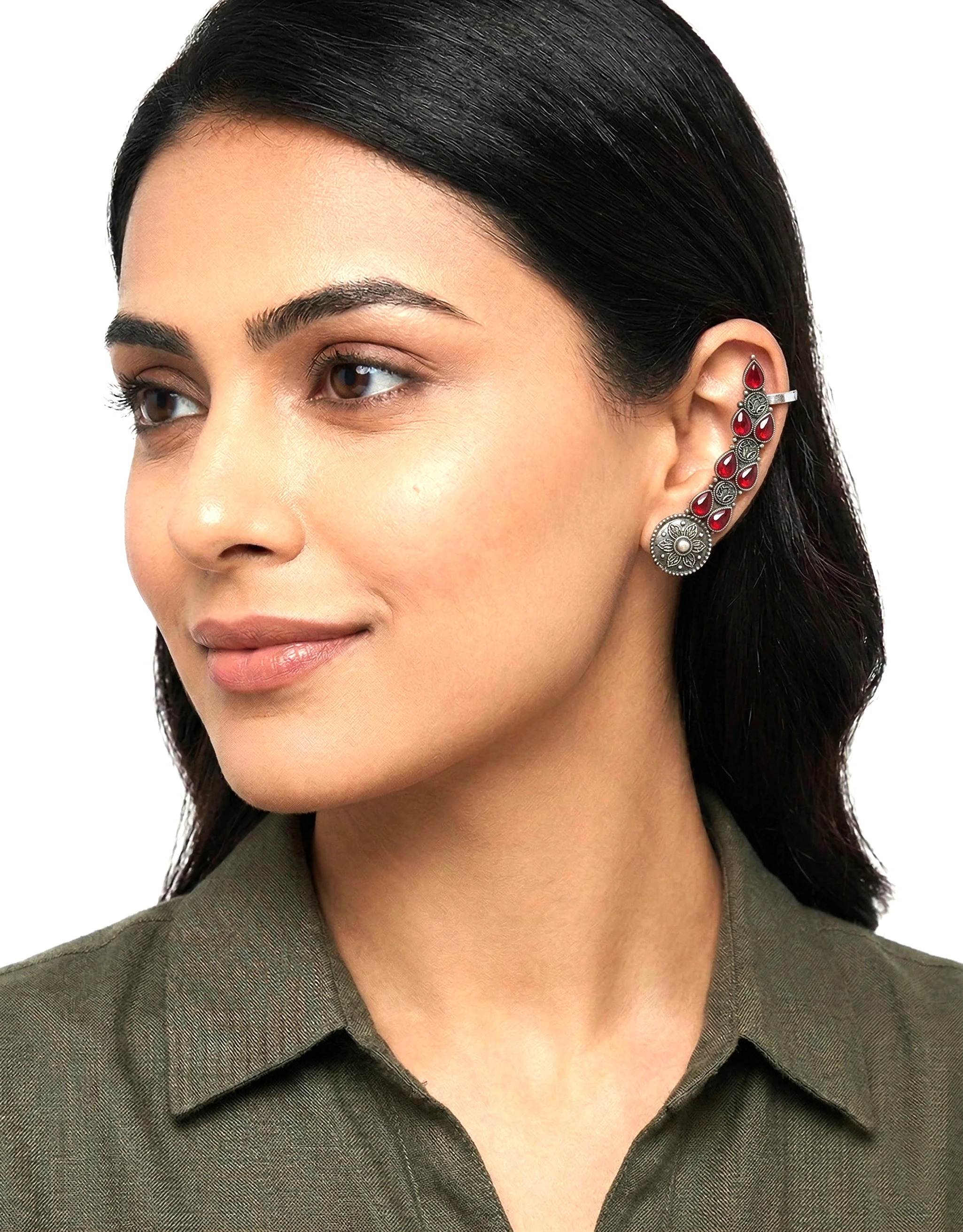Bright Knight Red Stone Oxidised Ear Cuff Earrings for Women | Antique Finish Long Ear Wrap Statement Jewellery