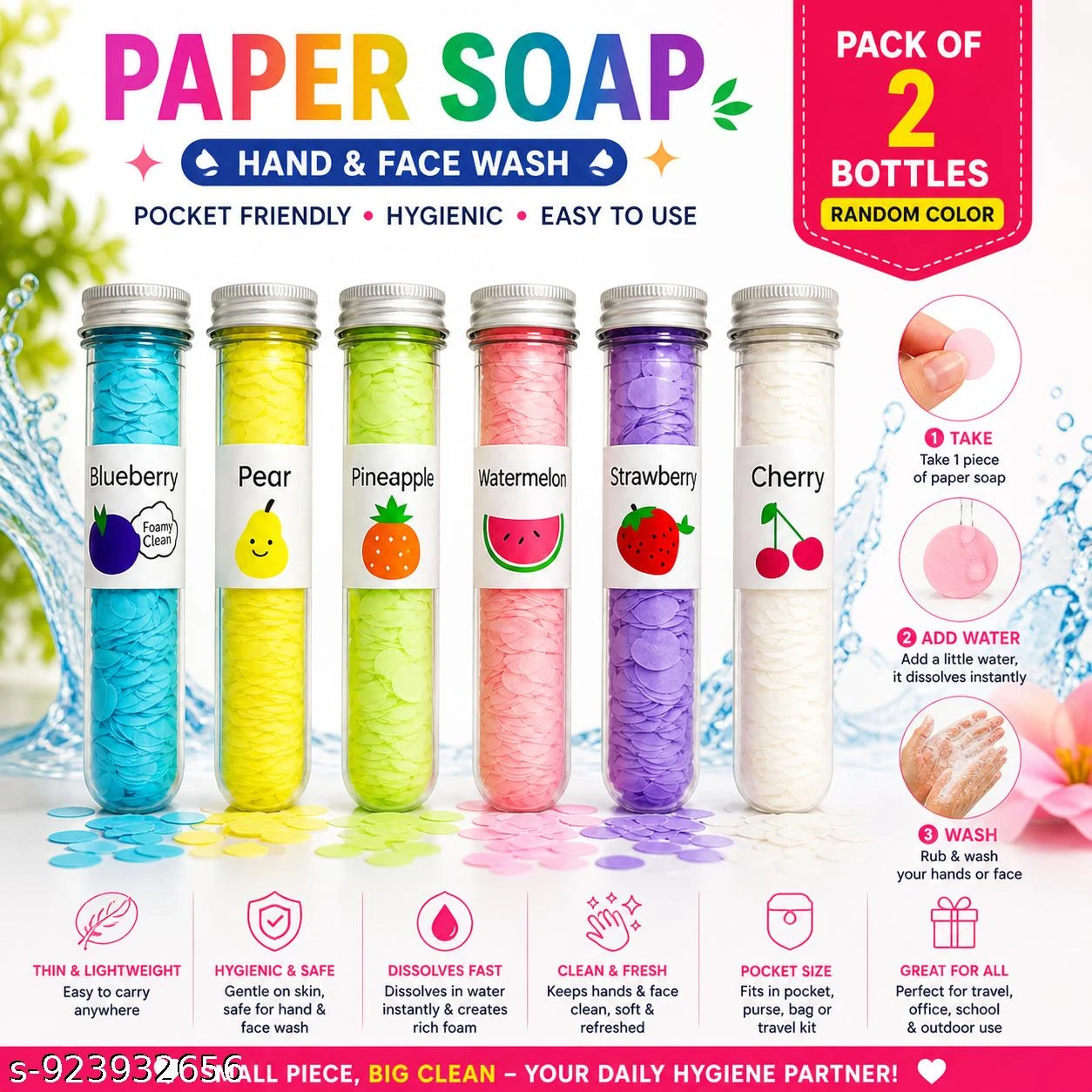 Paper Soap for Hand & Face Wash | Pack of 2 Bottles | Portable Pocket Soap Sheets | Travel Friendly, Hygienic & Easy to Use (Random Color)