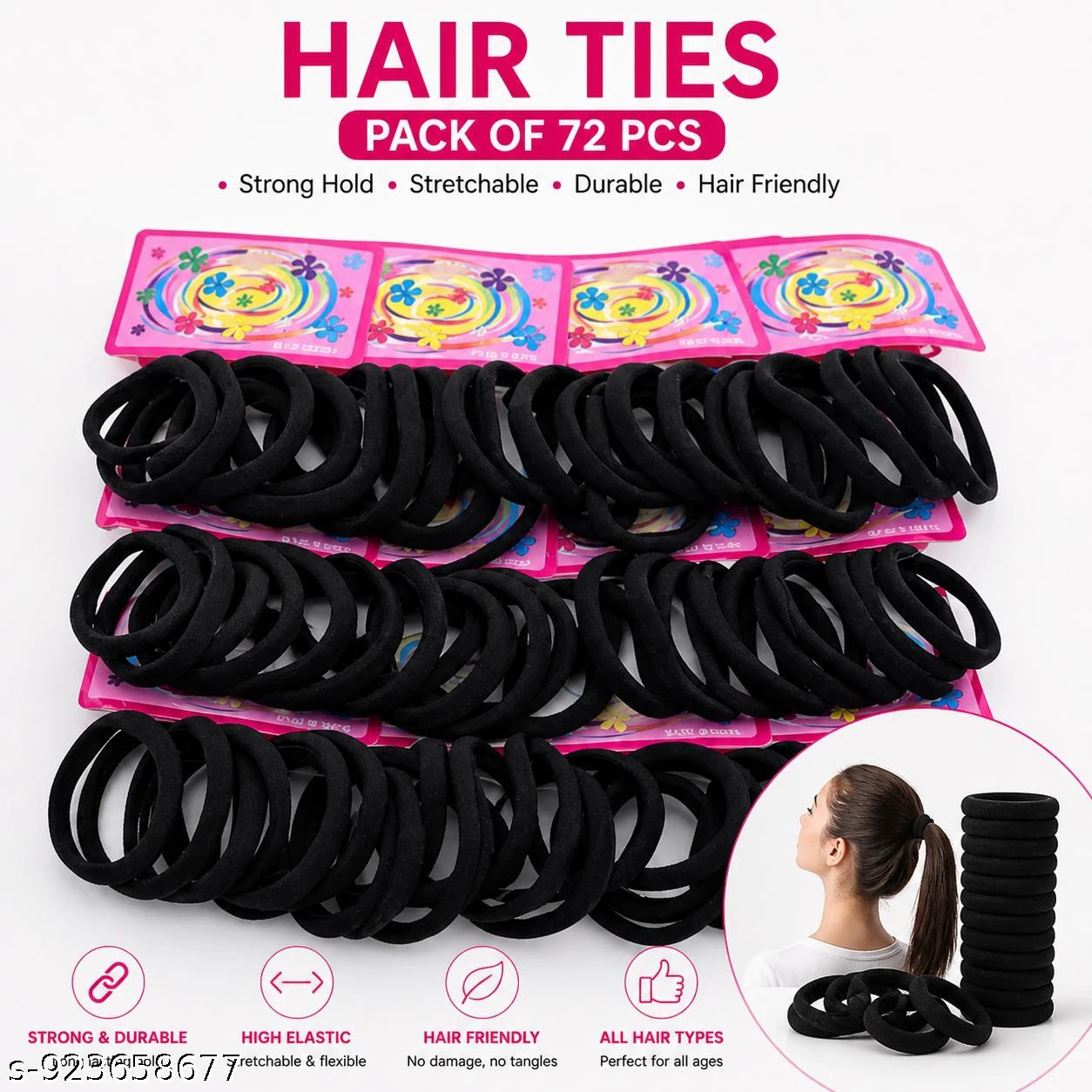 Premium Black Hair Rubber Bands for Women & Girls | Pack of 72 pcs | Soft Elastic No Damage Hair Ties | Strong Hold Ponytail Holder for Daily Use, Gym, School & Office