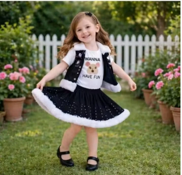 Little Muffs cute  Rc blue denim skarte with denim coti and t_shirt for girls  smart look for every smart girl it's look dreditinal  and smart look for denim skirt