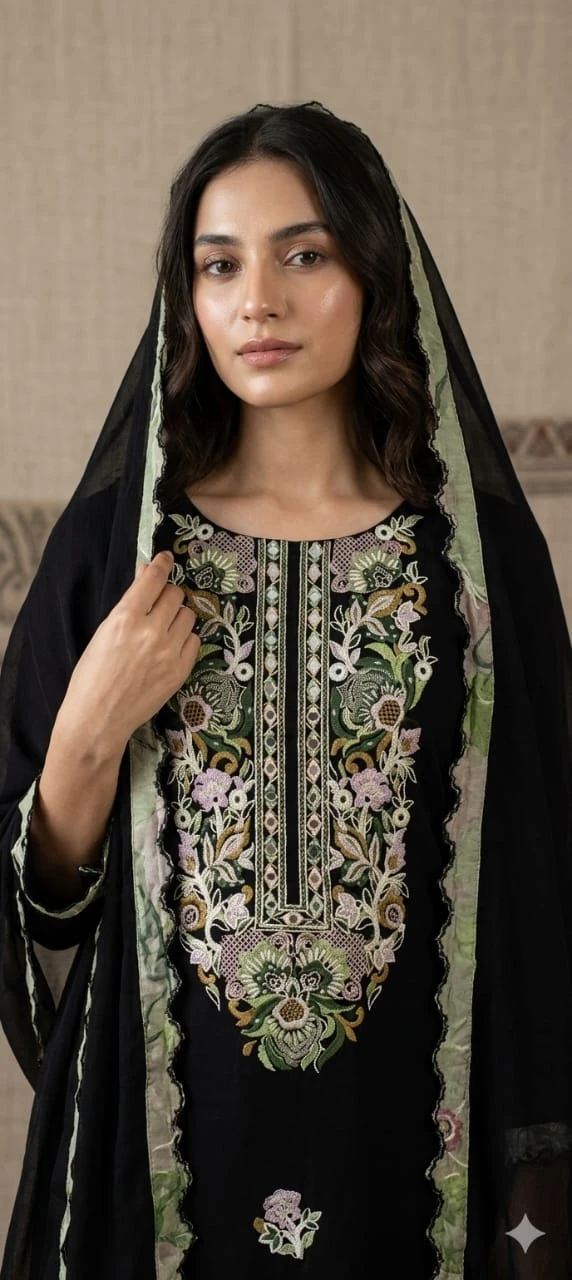 Elegant Black Embroidered Unstitched Women Suit