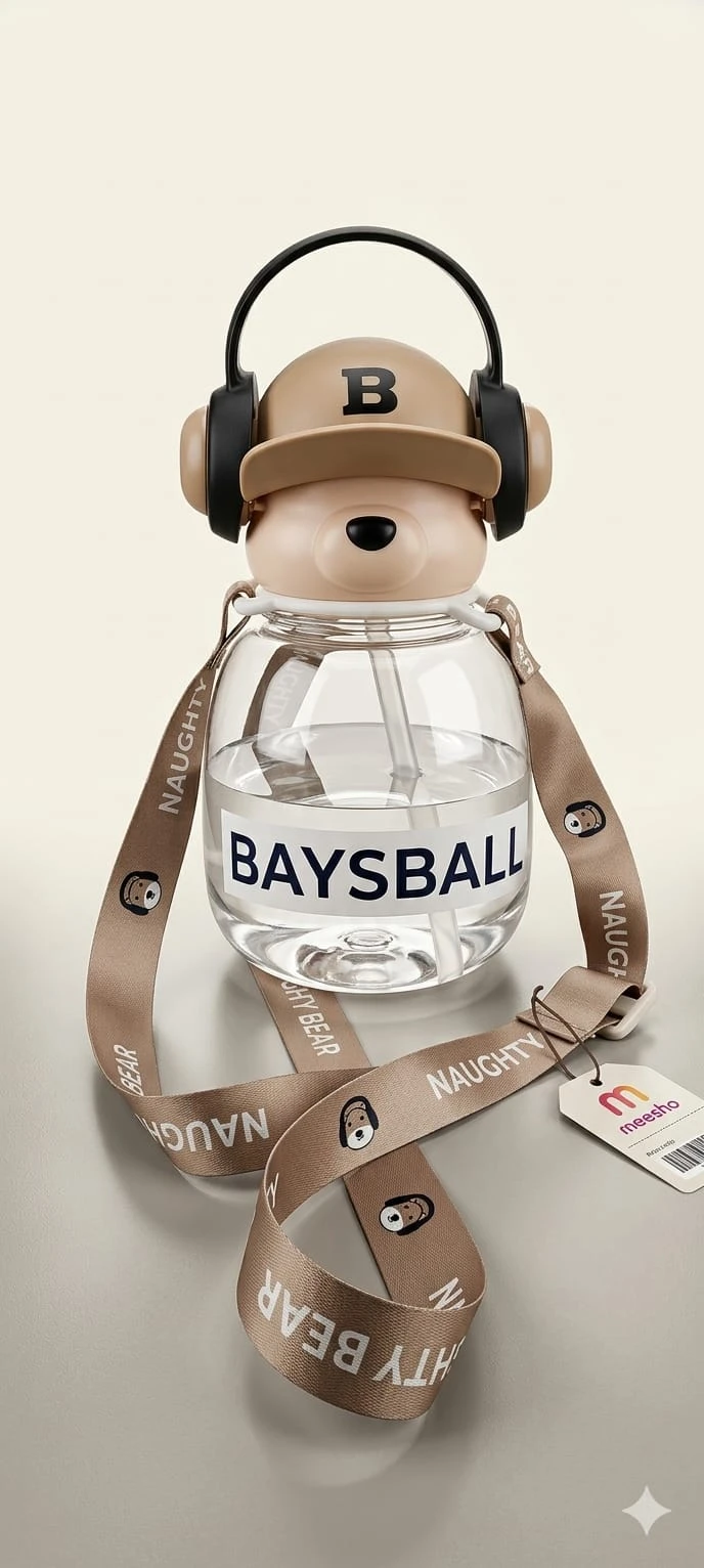 Bear Design Glass Water Bottle with Strap