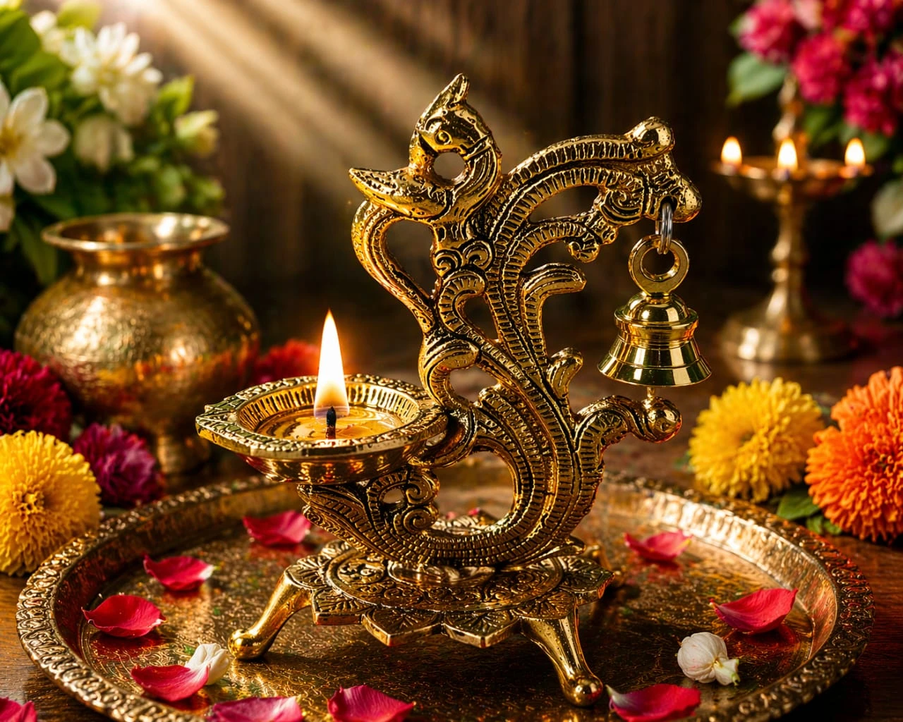 Brass Decorative Diya with Bell (Peacock Design Oil Lamp)