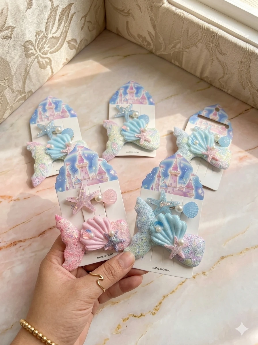 Cute Mermaid Theme Hair Clips Set for Girls | Starfish Shell Glitter Hair Pins Combo | Stylish Hair Accessories | Random Design Will Be Delivered