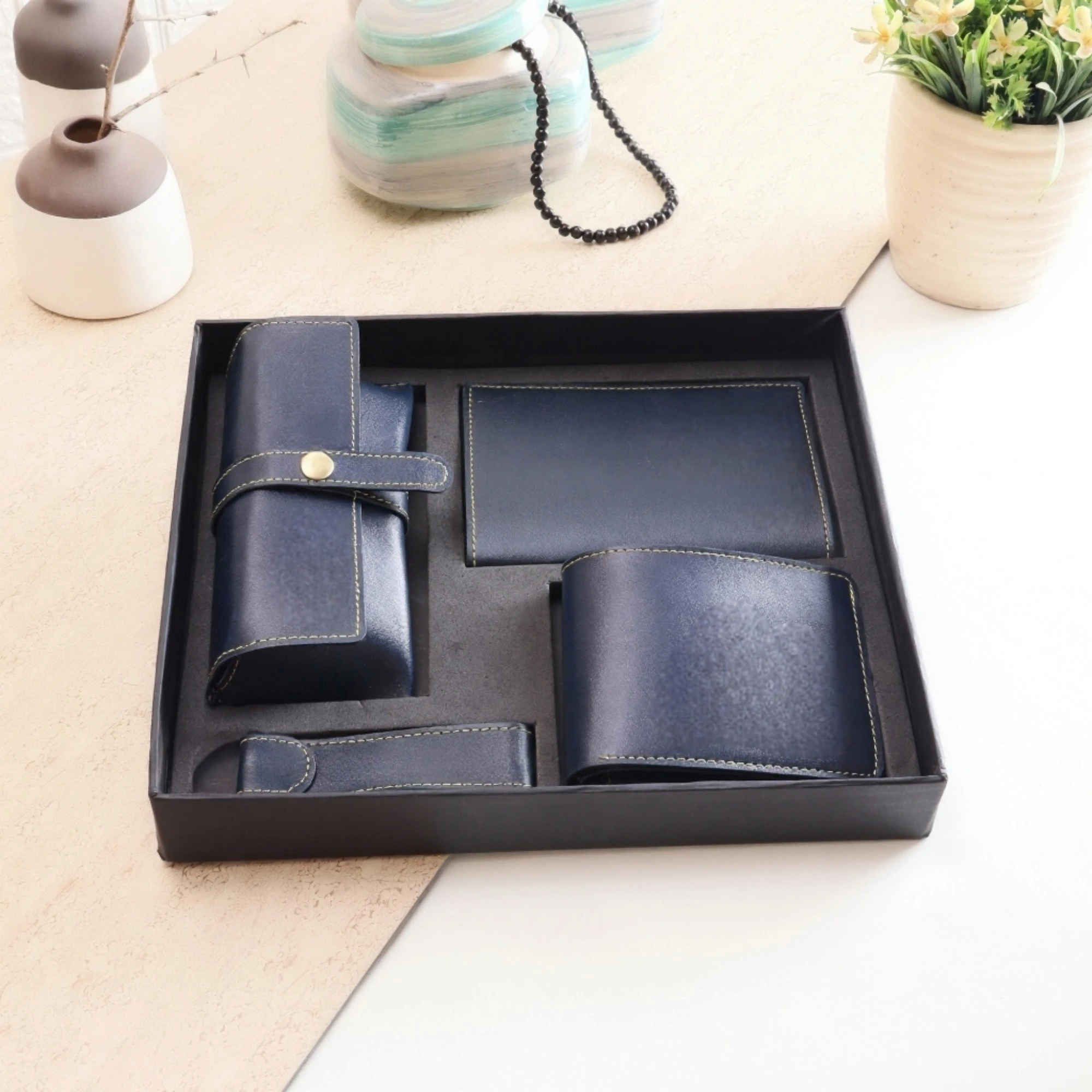 SET OF 4 BLUE COLOR CUSTOMIZED WALLET, KEYCHAIN, PASSPORT COVER AND SPEC COVER